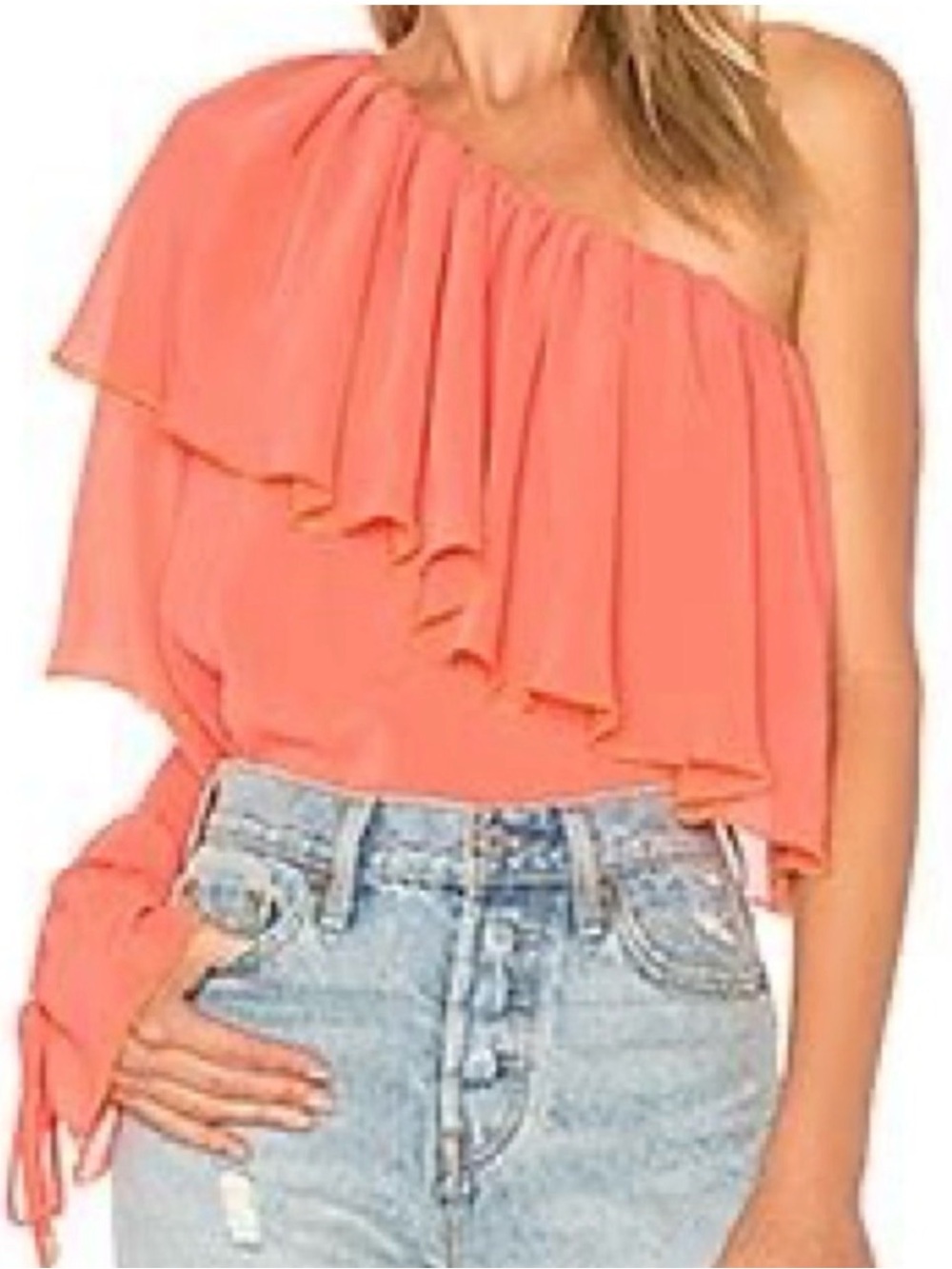 One-Shoulder Ruffle Blouse in Coral Pink